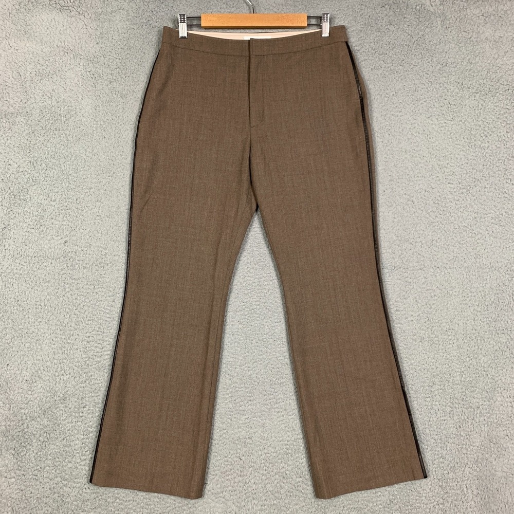 Adeam Dress Pants Women's 8 Brown Faux Leather Trim Bootcut Stretch Wool Blend‎